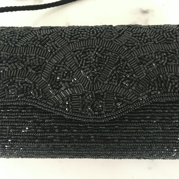Vintage Black Bugle Bead Evening Bag Clutch MINT - Picture 3 of 10